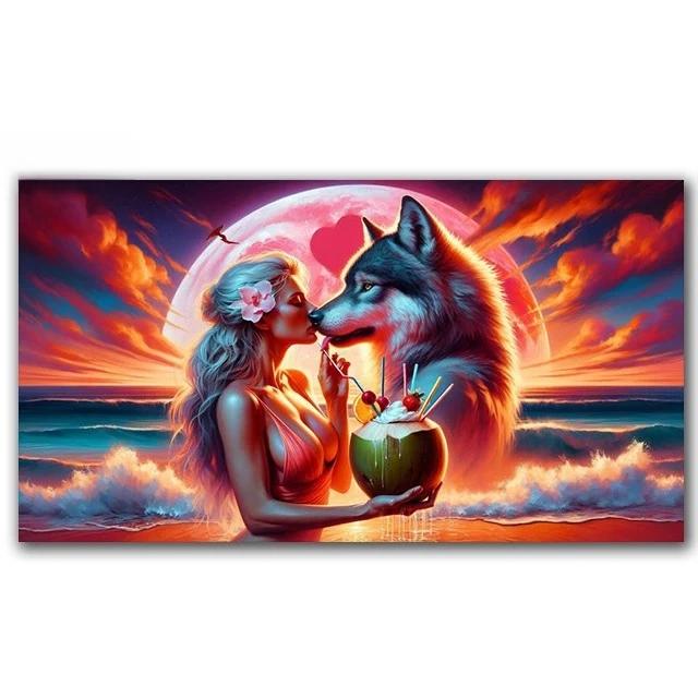 Romantic Couple And Wolf Diamond Painting New 2024 5D Large Diy Seaside Coconut Tree Landscape Full Diamond Mosaic Embroidery
