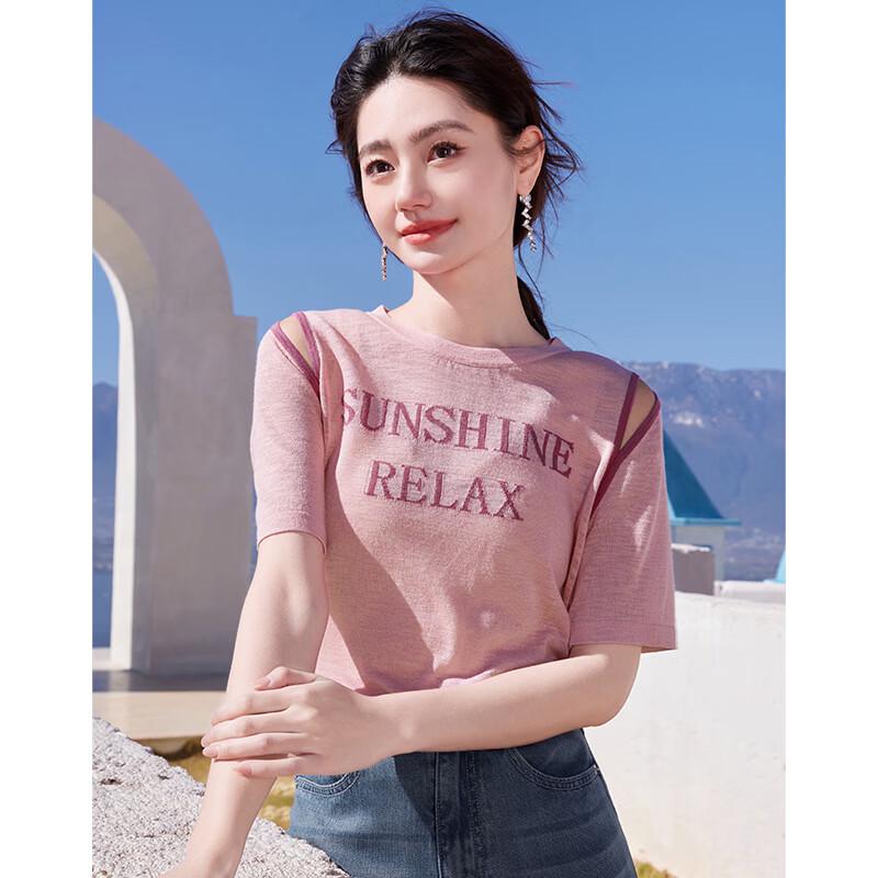 Xiangying Women s Rose Letter Off-Shoulder Knit T-Shirt M