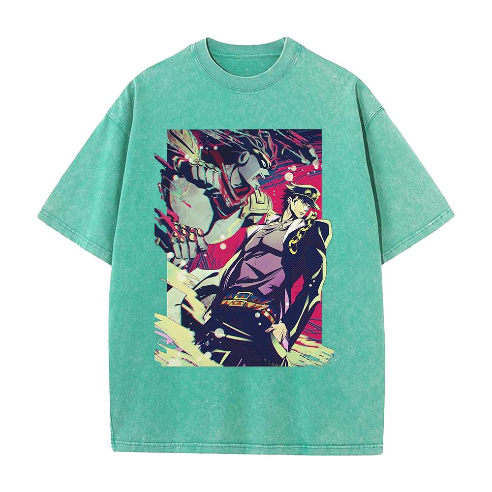 JoJo's Bizarre Adventure Jotaro Kujo Graphic T Shirt Men Women Washed Cotton Tshirts Vintage Casual Clothing Anime Streetwear