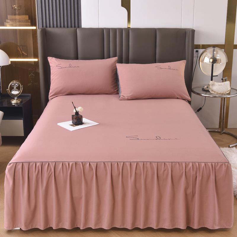 Solid Color Washed Cotton Lace Bed Skirt Mattress Protector