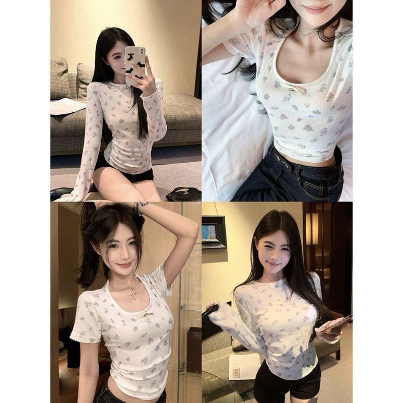 Bow Print U-Neck Short Sleeve Knitted Slim Fit Women's Bodycon Top