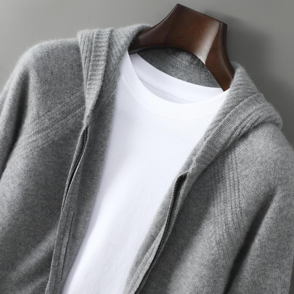 Herren Kapuzen-Reißverschluss-Strickjacke aus reiner Wolle - Dicker Strickpullover-Mantel für Freizeit oder Business