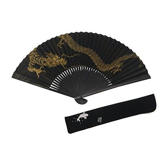 Hasegawa Kyosenzu Gentlemans Fan Dragon Black Base Gold Color Dyed Sekishu Medium Carving Bag Decorative Box