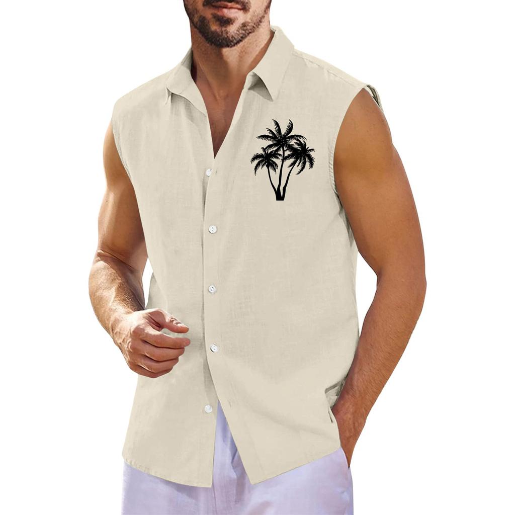Herr Sommar Hawaiianmönstrad Ärmlös Skjorta Herr Lös Revers Ärmlös Knäppskjorta