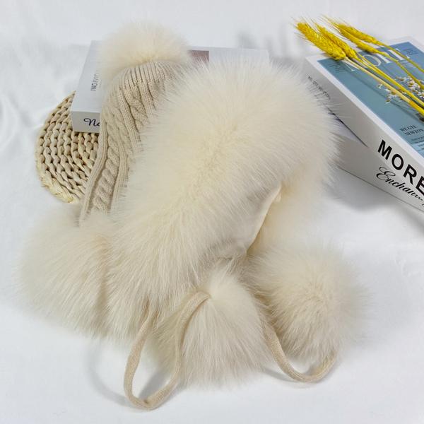 Winter Hats Women Natural Fox Fur Fuffy Warm Fashion Stylish Knitted Pompom Girls Fur Hat