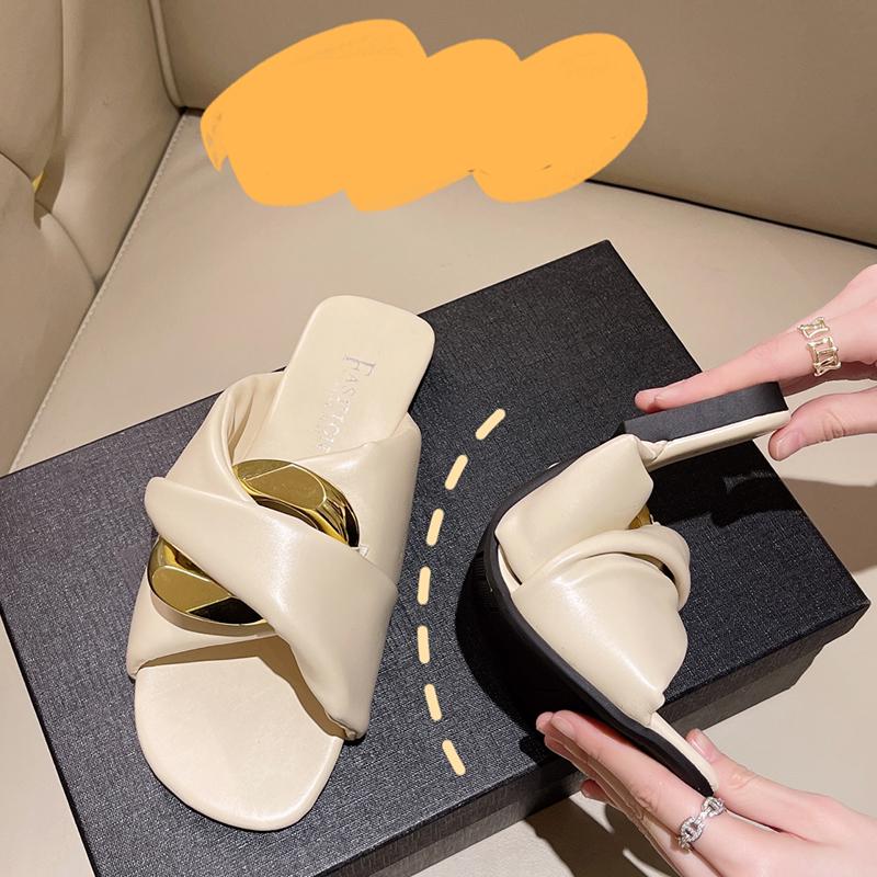 Fashion New Ladies Slippers Women Flip Flops 2024 Summer Casual Indoor Pu Metal Decoration Square Toe Outside Green Slides Female Shoes