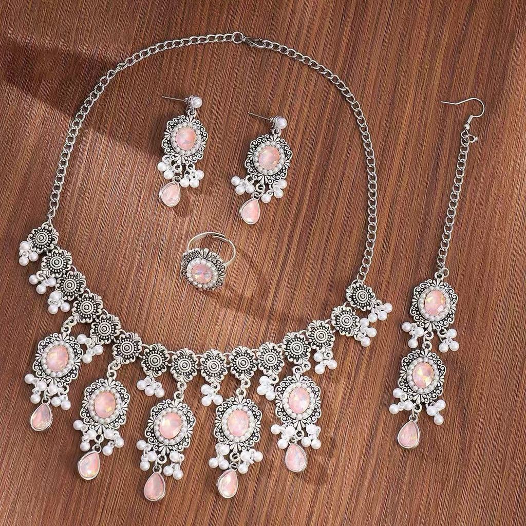 Luxury Water Drop Pendant Necklace With Pearl Tassel Earrings And Rhinestone Set For Women