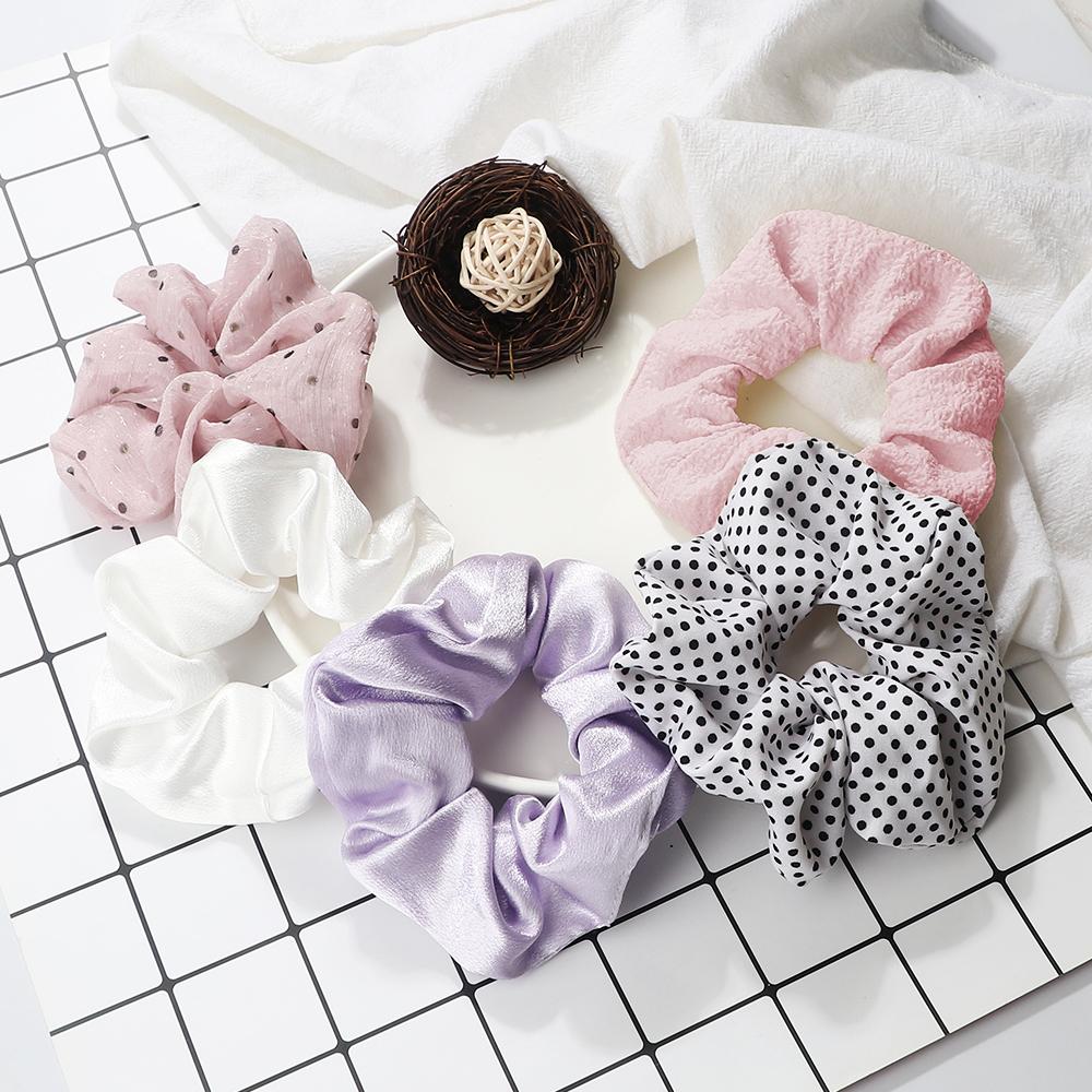 5PCS Mixed Colors Fashion Hair Bands Korean Elastic Satin Silk Dots Hair Tie for Women Girls Ponytail Holder Scrunchie
