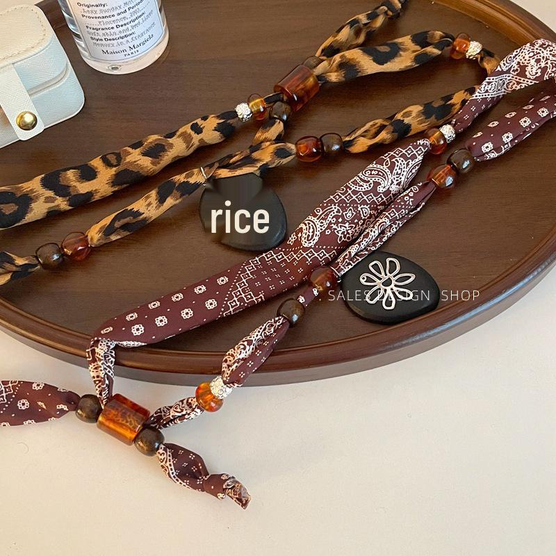 Retro Paisley Leopard Print Silk Scarf Necklace with Beaded Pendant - Women's Versatile Long Sweater Chain for Autumn & Winter.