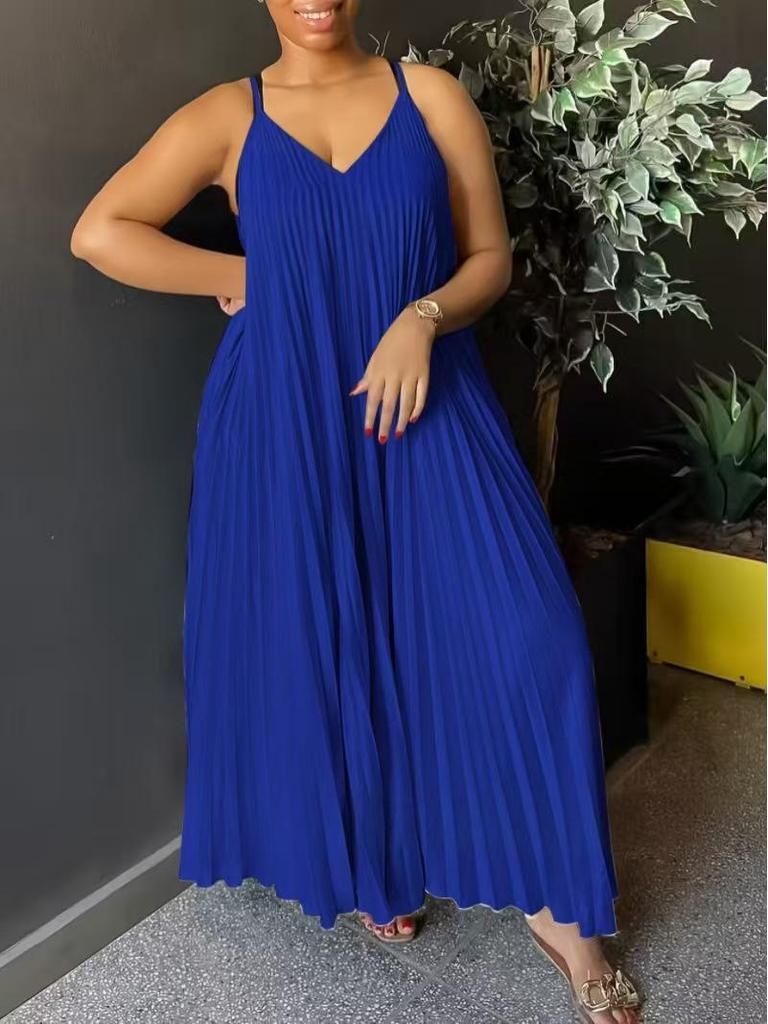 Plus Size Spaghetti Strap Pleated V-Neck Summer Dress with Flowing Hem