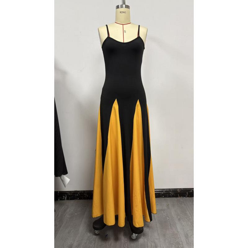 Elegantes, modisches und sexy Club-Trend-Off-Shoulder-Patchwork-Maxikleid mit Trägern, Damen-Abendkleid