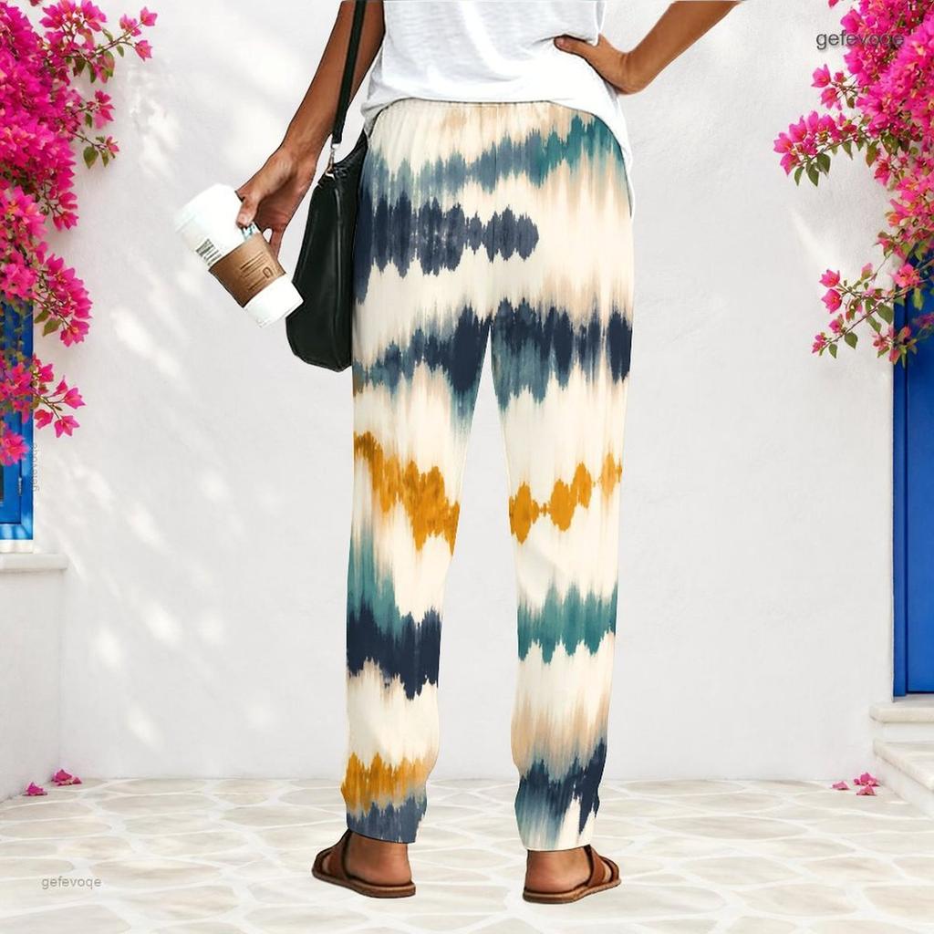 Women Plus Size Tie Dye Printed Loose Straight Leg Long Pants With Pockets