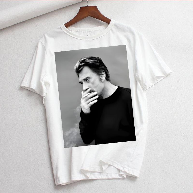 Johnny Hallyday Print T Shirt Women White and Black Shirts Fashion Round Neck Short Sleeve Cotton TShirt