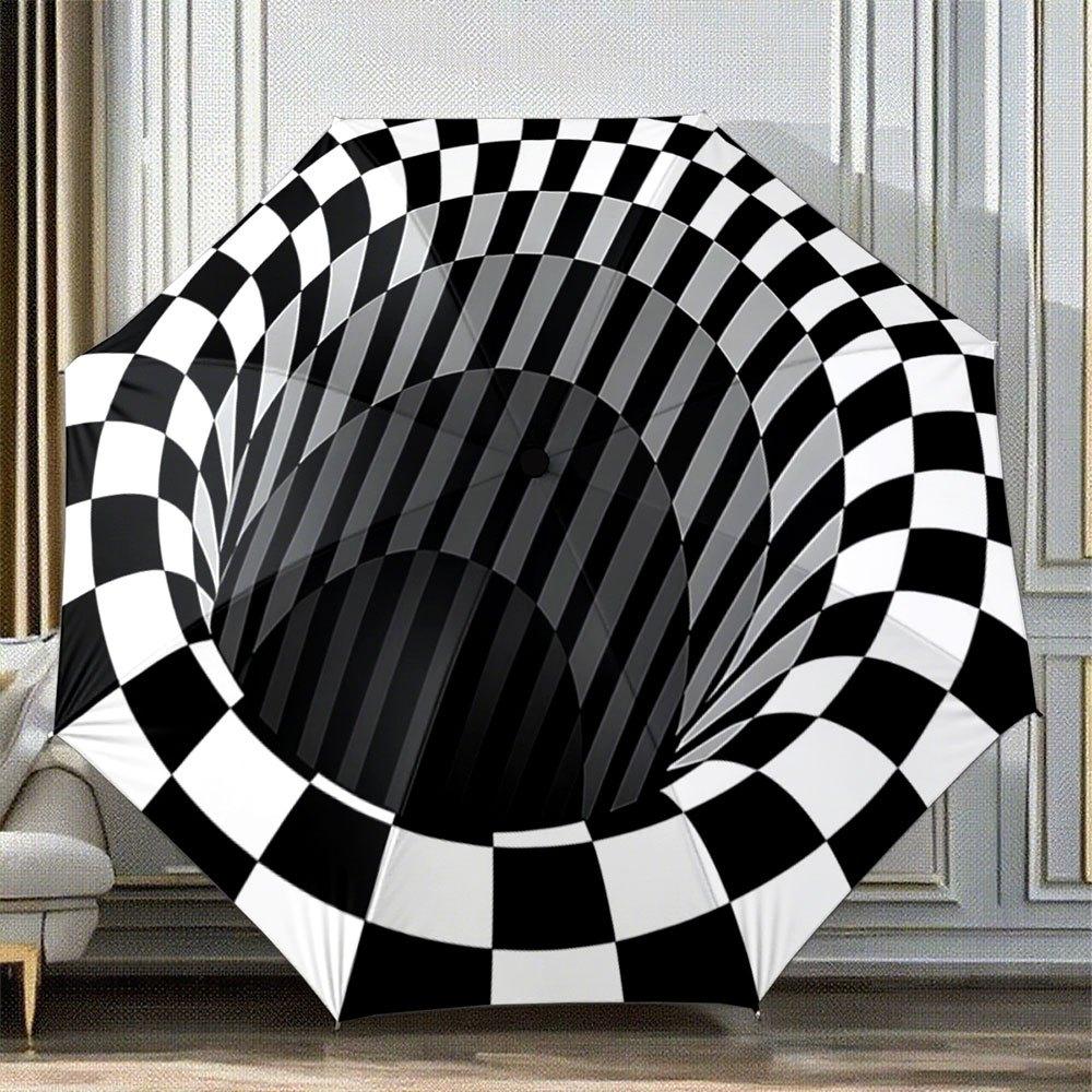 

Automatic Folding Umbrella with Black & White Checkered Vortex Pattern - Self-Opening/ Closing, 8-Rib Compact Portable Collaps Iron&8K