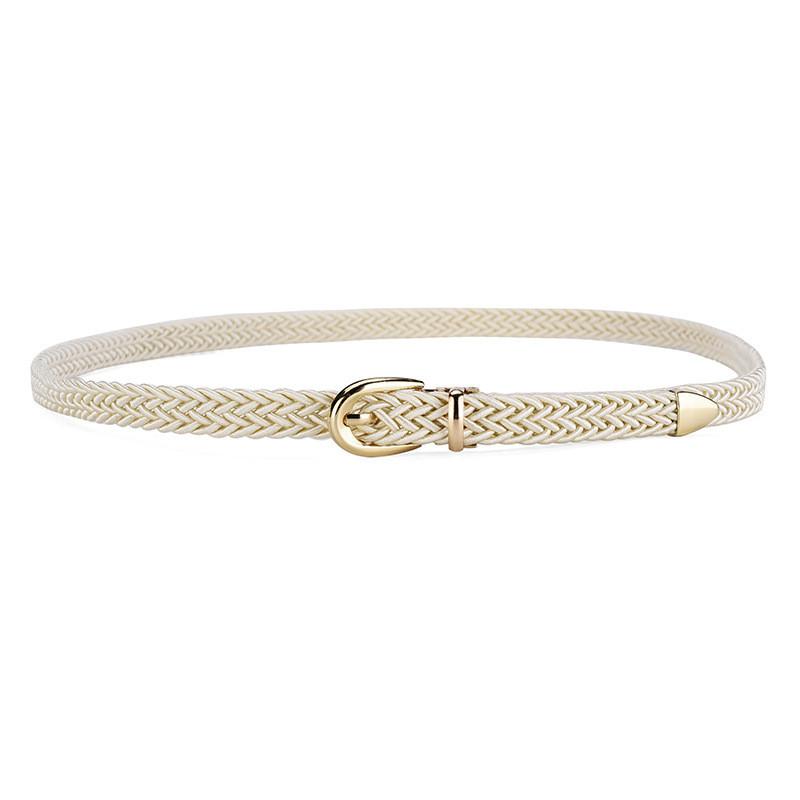 Womens Elegant Slim Woven Belt With Decorative Gold Buckle For Stylish Dress And Shirt Outfit