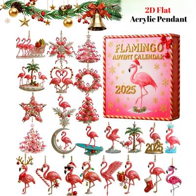 Flamingo Adventní odpočítávací kalendář 2D ploché akrylové vánoční ozdoby s plameňákem pro milovníky plameňáků, sběratele a jako sváteční dárky