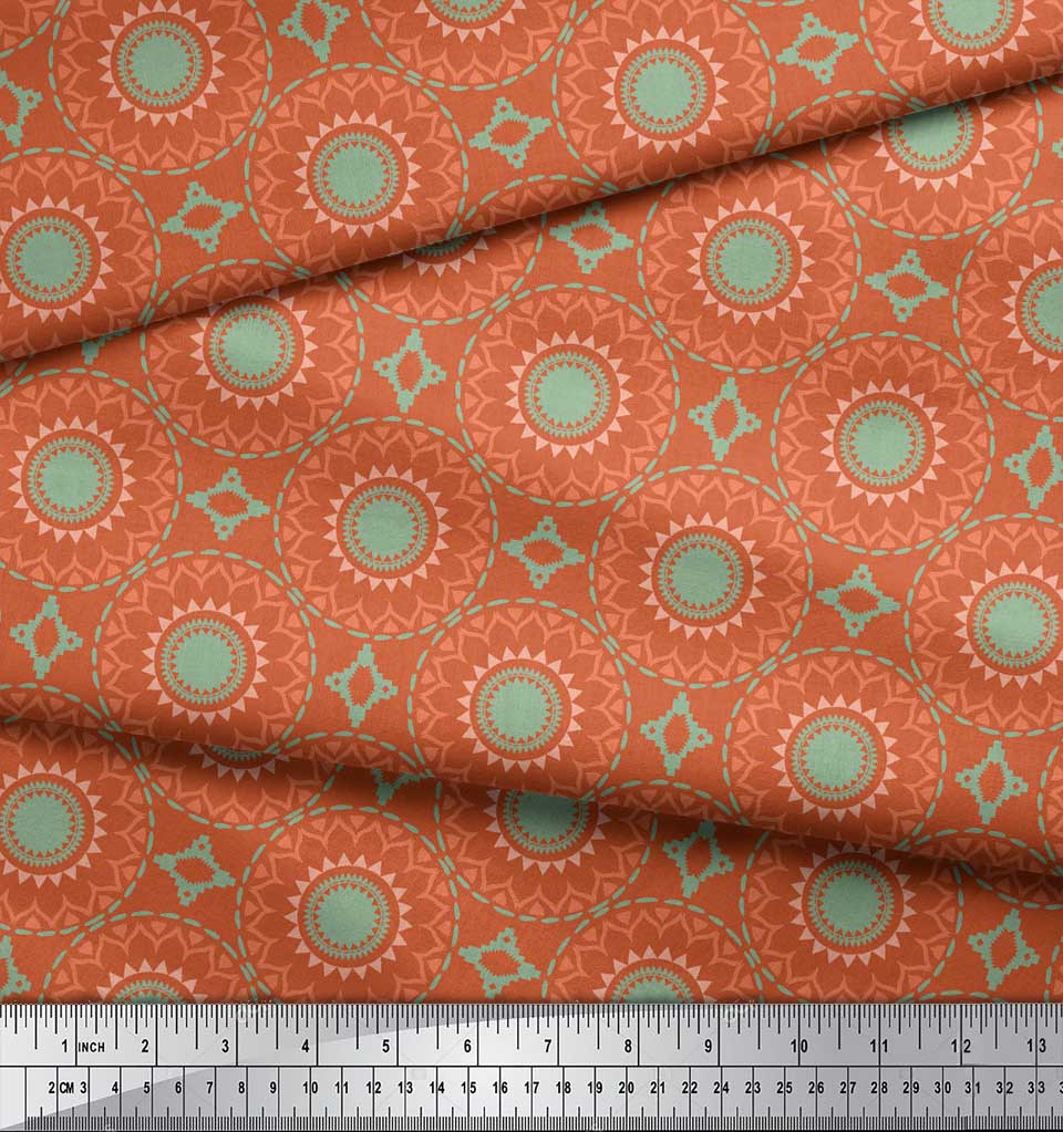Soimoi Red Japan Crepe Satin Fabric Mandala Geometric Print Fabric by the Metre 42 Inch