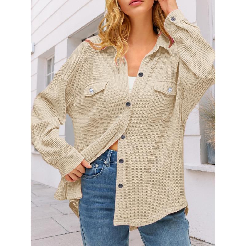Women's Pocket Shirt Solid Color Casual Oversized Long Sleeve Waffle Weave Top