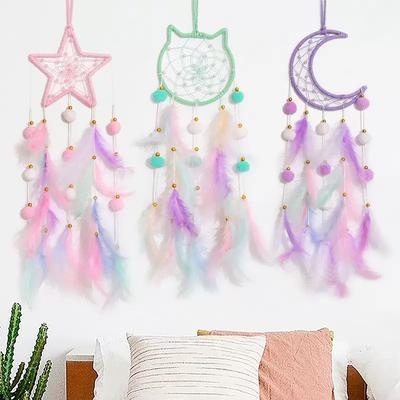 2 Pieces Star Moon Cat Feather Dream Catcher Large Window Hangings Wall Pendants Handmade Ornaments Garden Wind Chimes Gifts