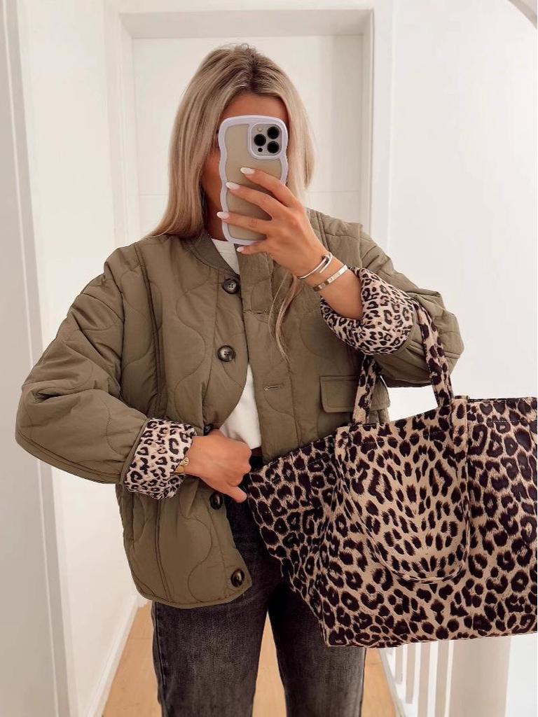 2024 Autumn/Winter Plus Size Leopard Print Cotton Jacket with Stand-Up Collar for Women - European & American Fashion.