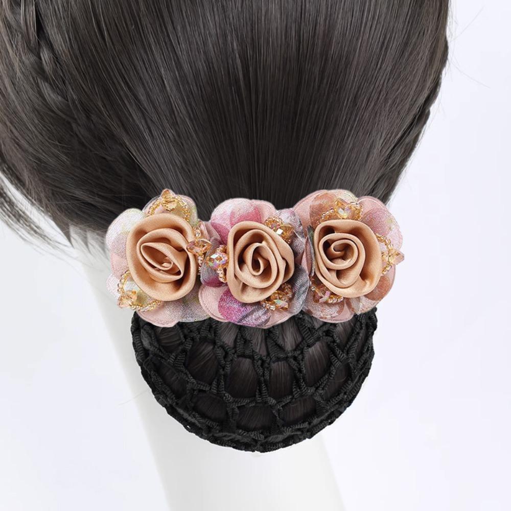 Updo Styling Tool Flower Hair Net with Spring Clip Net Pocket Headdress  For Work Use