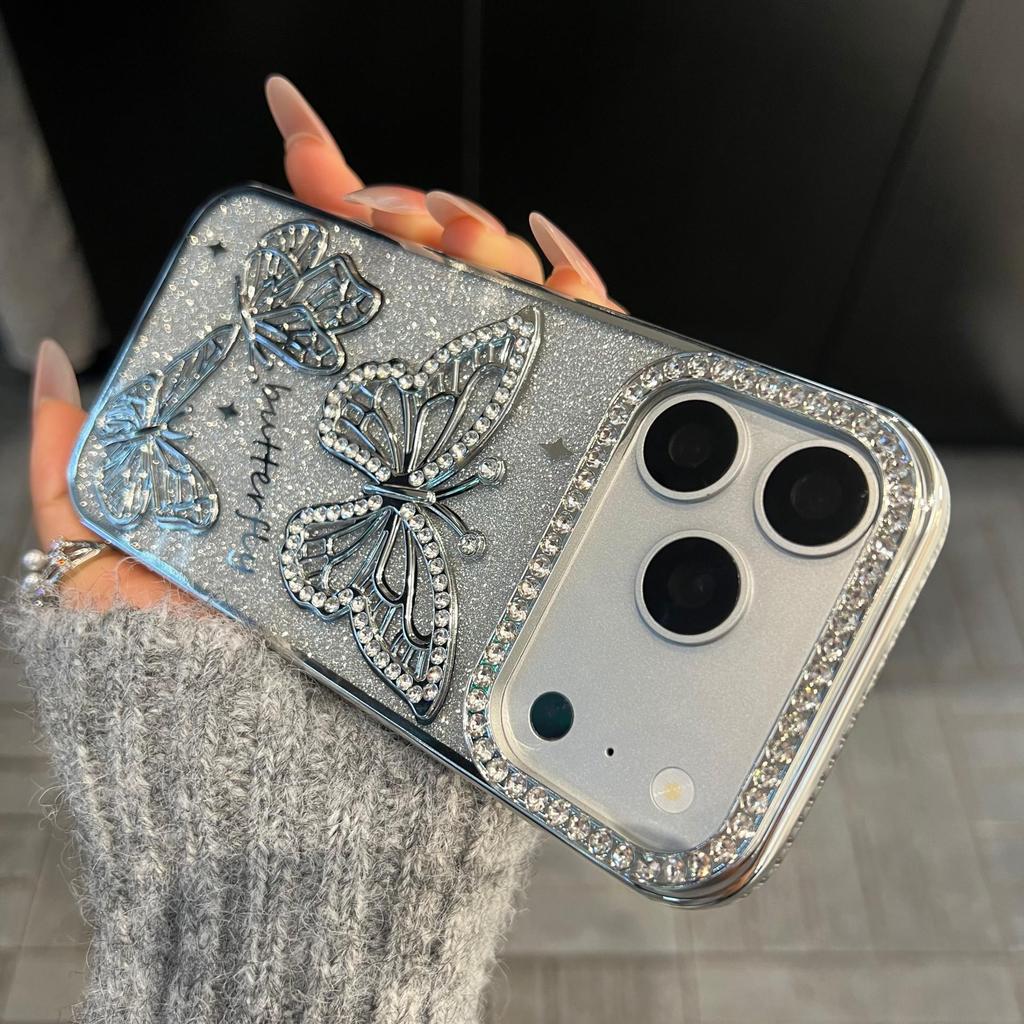 iPhone 17 Pro Max Electroplated Rhinestone 3D Butterfly Glitter Anti-Fall Case