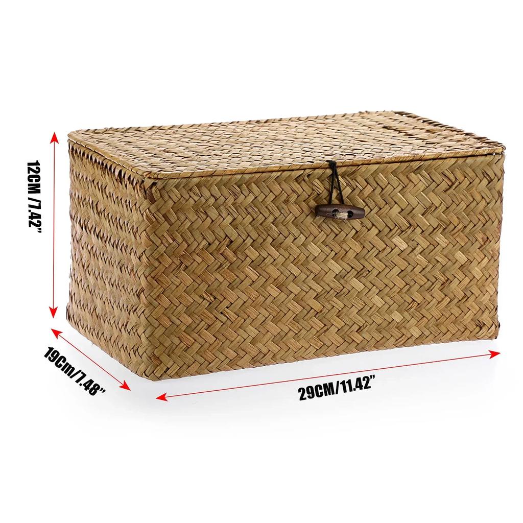 Handmade storage basket with lid, rectangular seaweed, rattan fabric, cosmetics, multi-purpose container, natural box