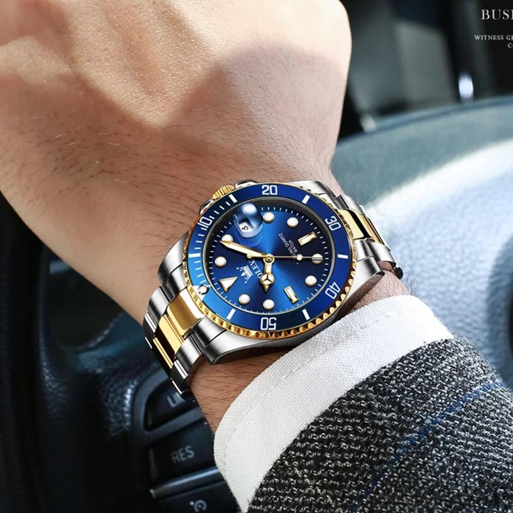 Herrenuhren Grünes Zifferblatt Wasserdicht Edelstahlarmband Kalender Quarzuhr Leuchtend Luxus Herrenarmbanduhr