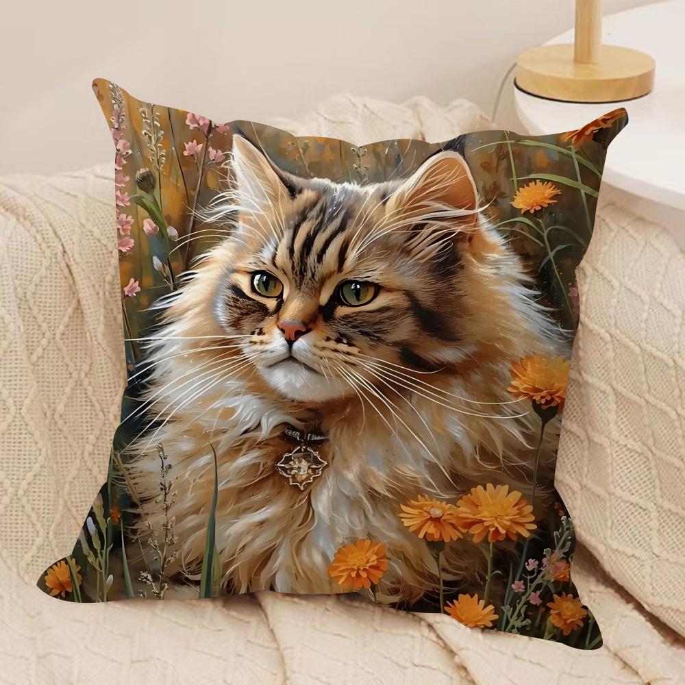Katze und Blume Kissenbezug Weicher Plüschstoff Beidseitig Bedruckte Kissenbezüge für Alle Jahreszeiten Heimdekoration