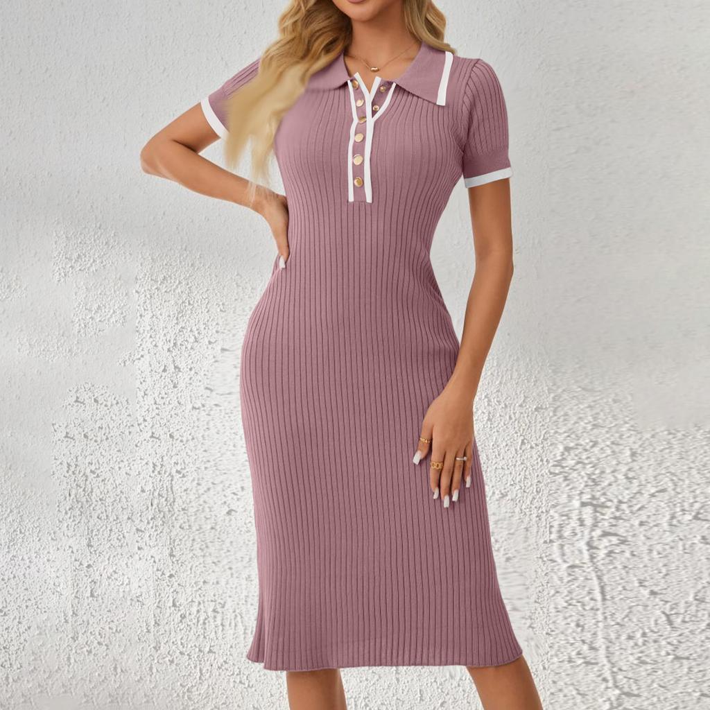 Women's Slim Fit Ribbed Knit Dress Polo Collar Short Sleeve Bodycon Waistband Pencil Skirt Mid Length Dress