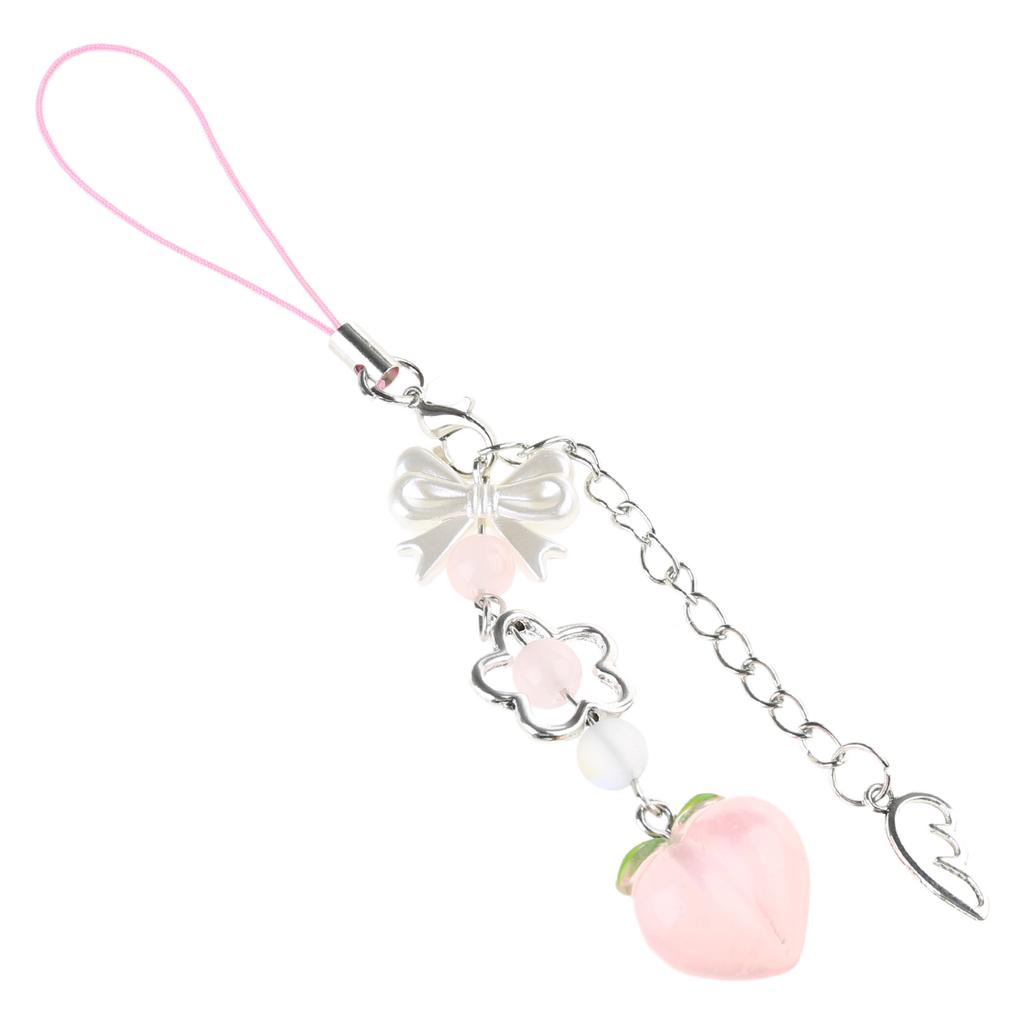Cute Peach Phone Charm Stylish Keychain Pendant Bowknot Flower Beaded Keyring Personalized Accessory for Women and Girls