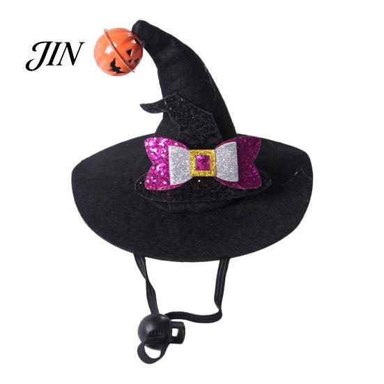 Elastic Strap Pet Hat Halloween Cat Wizard Hat, Bent Pointed with Pumpkin Bell, Small Dog Sequined Bow Festive for Cats Dogs