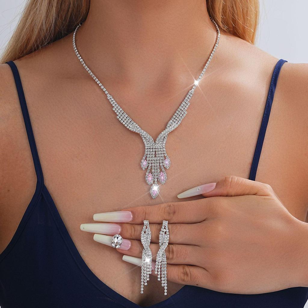 European-American Rhinestone Teardrop Necklace & Earring Set: Korean-Style Bridal Temperament Collarbone Chain Jewelry for Women