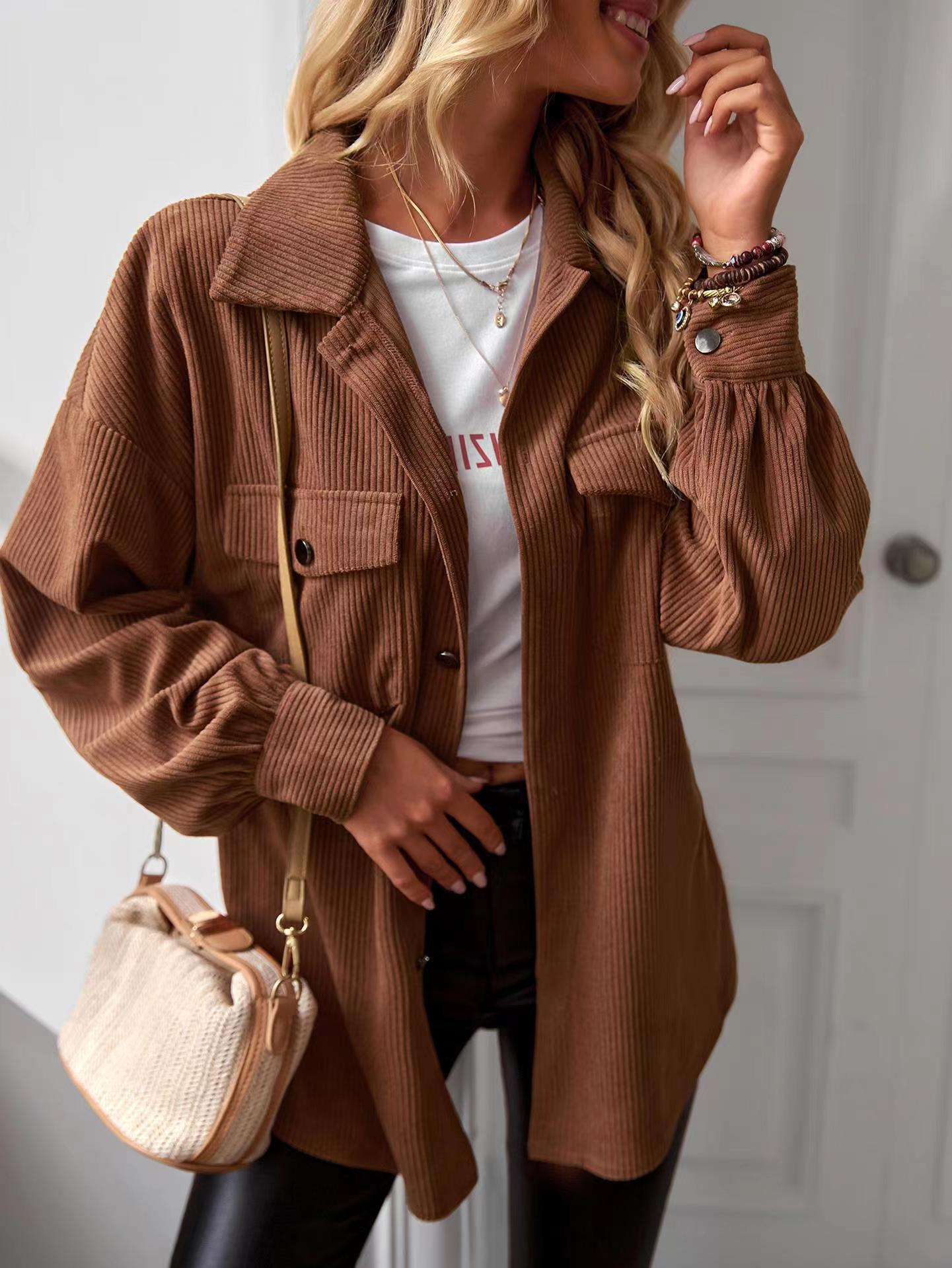 

Autumn Long Sleeve Sleeve Blouse Trendy Women s Vertical Striped Shirt with Chest Pocket Casual Lapel Loose Fit Top for Streetwear XXL коричневий