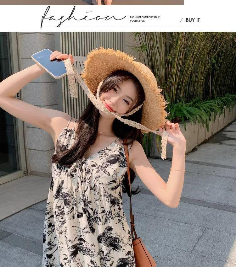 Women's Chinese Floral Ink Wash V-neck Spaghetti Strap Dress - Summer 2025 French Casual Holiday Style