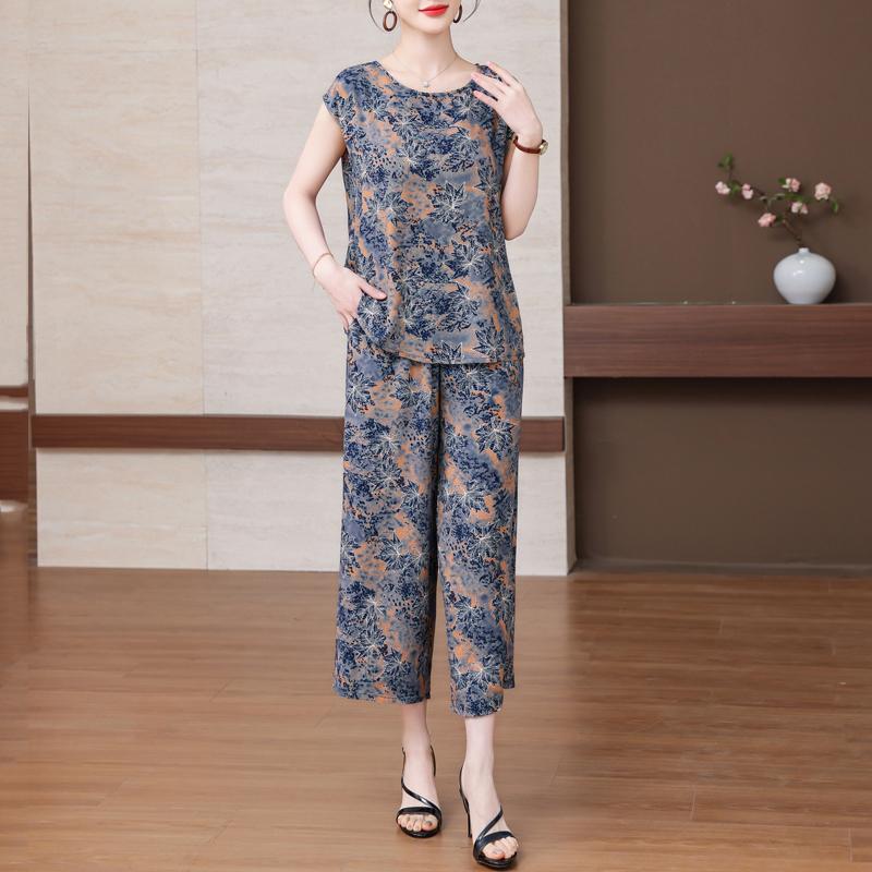 Plus Size Summer Pants Sets for Women Elegant Loose Vintage Print 2 Piece Outifts