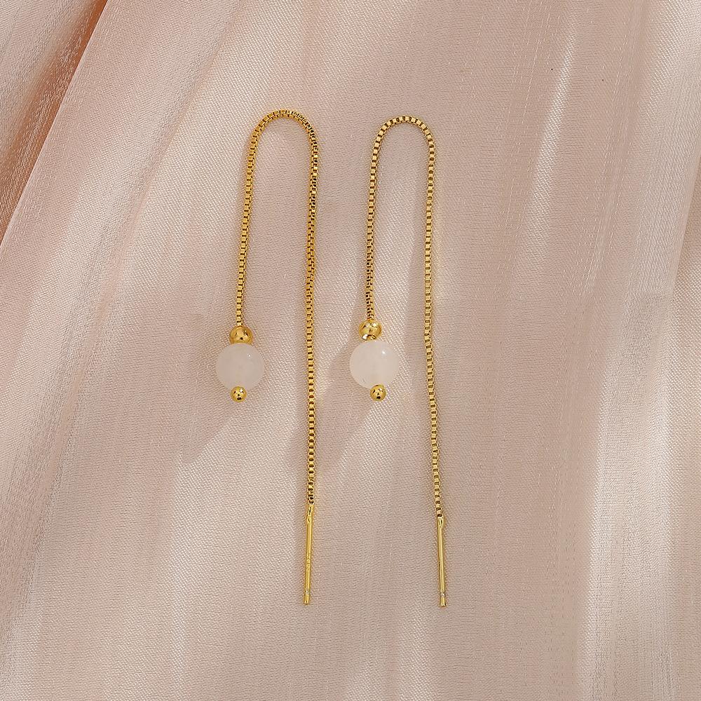 Hetian White Jade Earrings Chinese-Style Long Fringed Earrings Atmospheric Simple Classical Round Bead Jade Earrings