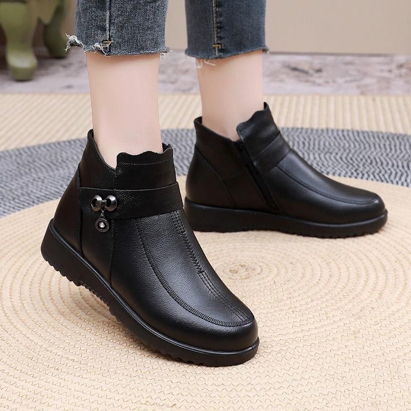 Winter mother cotton shoes velvet thickened leather shoes women's comfortable warm boots soft leather waterproof soft sole leather boots women's fa