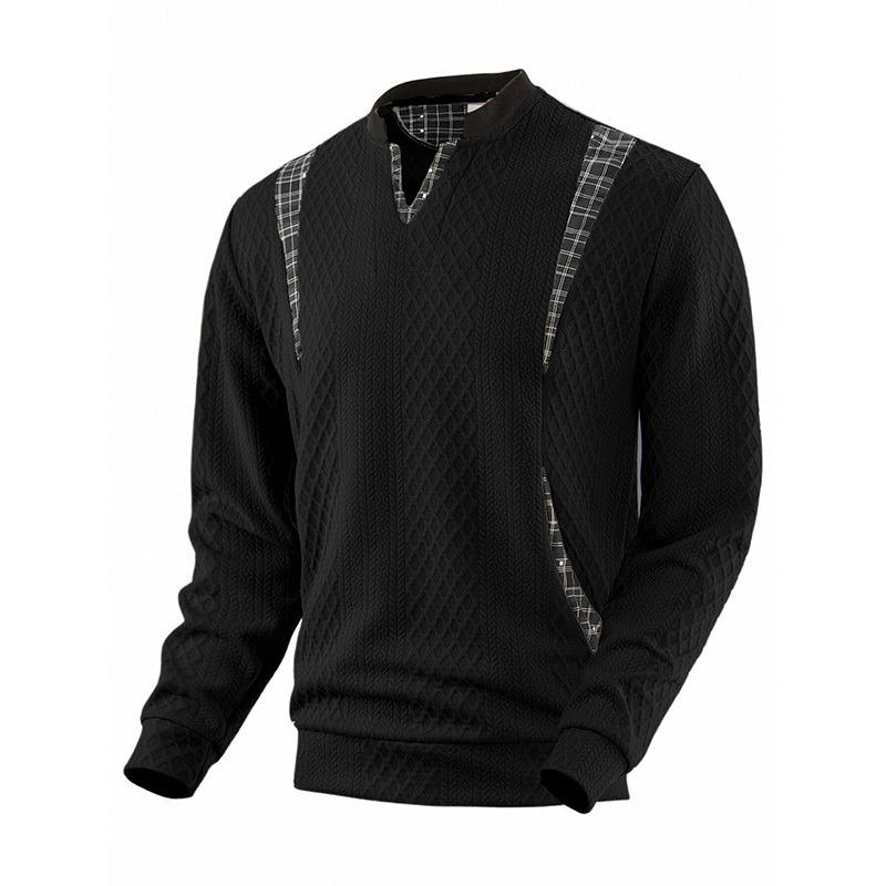 Men s Beige Jacquard Texture Plaid Patchwork Half Zip V Neck Long Sleeve Sweatshirt S чёрный