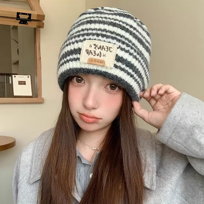 Autumn And Winter  Striped Versatile Korean Style  Large Head Circumference Wool Knitted Hat Pullover Hat For Women