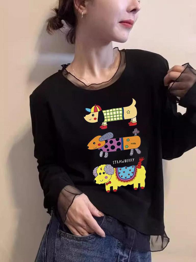 Women's Autumn/Winter Slim Fit Retro Mesh Long Sleeve T-shirt with Puppy Print