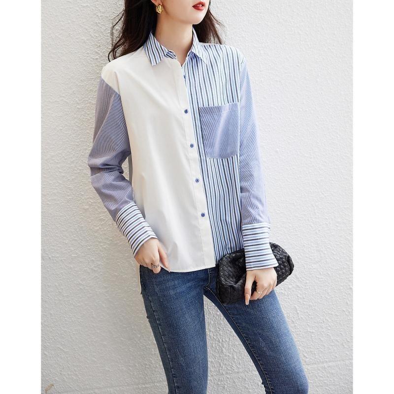 Women Patchwork Vertical Striped Loose Long Sleeve Shirt