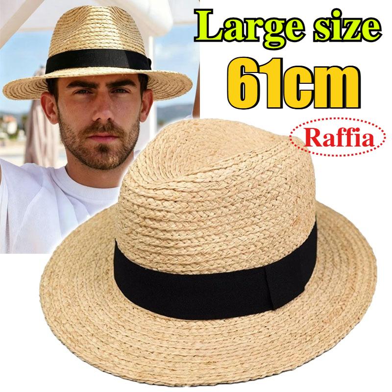 61cm 63cm Großer Kopf Natürlicher Raffia Sonnenhut Sommerurlaub Sonnenschutz UV UPF 50+ Strandhut Große Größe Panama Jazz Strohhut