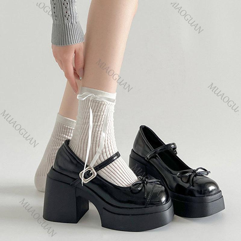 Fashion 10cm Thick High Heels Mary Jane Shoes for Women Vintage Shallow Platform Pumps Fashion Square Toe Heeled Loafers Women Shoes