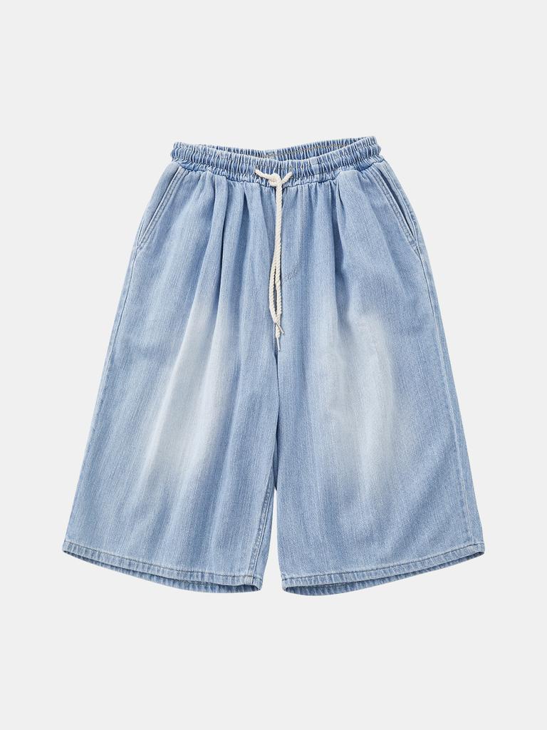 Icaruk Blue Washed Linen Elastic Waist Denim Shorts Dspt101