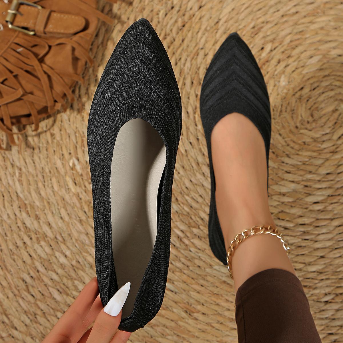 

2025 Женские туфли-балетки с острым носком, повседневные дышащие кроссовки-балетки, женские вязаные слипоны однотонного цвета, лоферы женские 43 чёрный