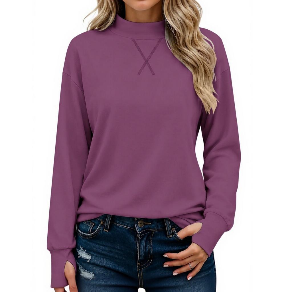 Women's Casual Mock Neck Long Sleeve Top with Thumb Holes