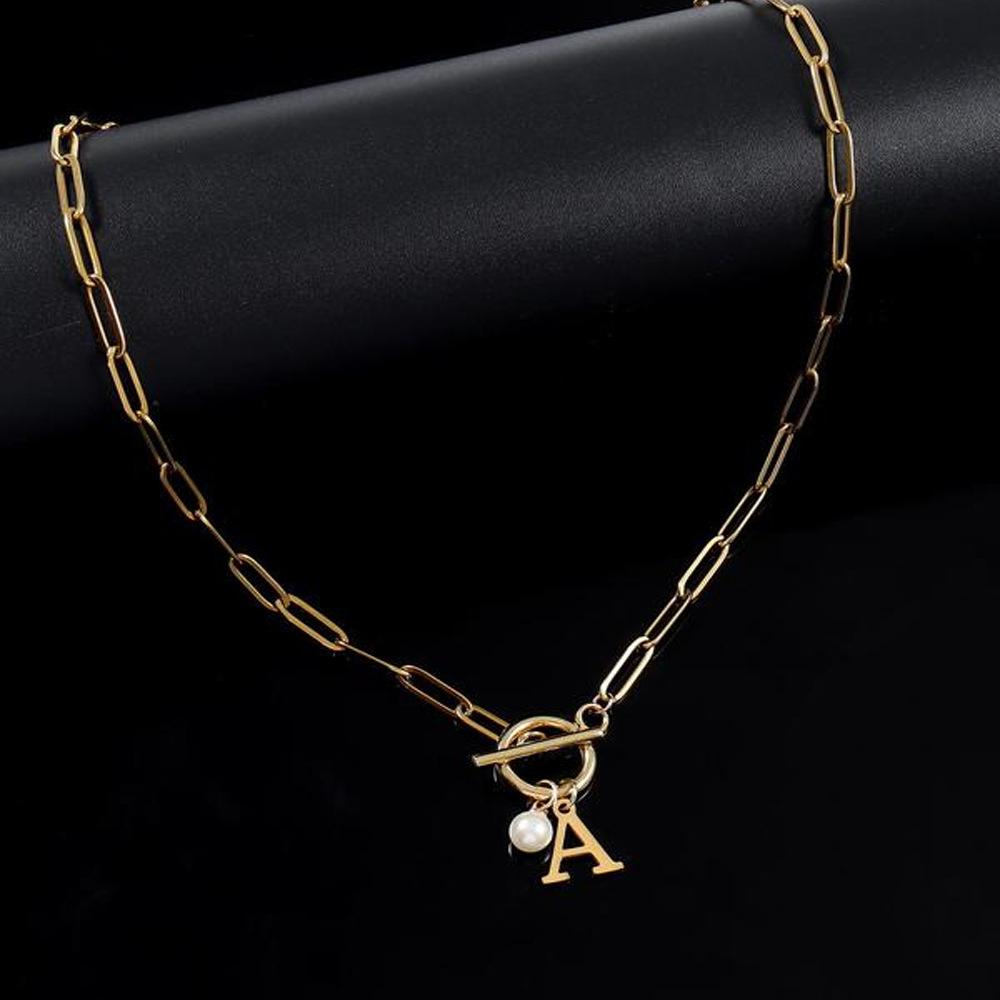 26 Letter Imitation Pearl Pendant Popular Stainless Steel OT Buckle Paperclip Necklace Girls Jewelry