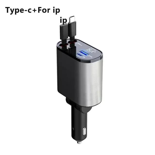 106W 4 IN 1 Retractable Car Charger USB Type C Fast Charger Digital Display Cigarette Lighter Adapter PD QC3.0 for IPhone/Samsun