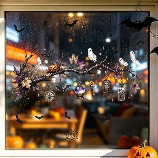 Thickened PVC Halloween Graphics 2 Sheets Window Stickers, Bat Spider Web Static Cling Decals, Festive Party Ornaments Ghost Pumpkin Waterproof